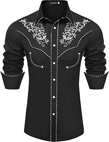 JoZorro Herren Langarmhemd mit Perlen und Druckknöpfen, Cowboy-Schnitt, Western-Stickerei, lässig, Button-Down-Shirt, Schwarz, XX-Large von JoZorro