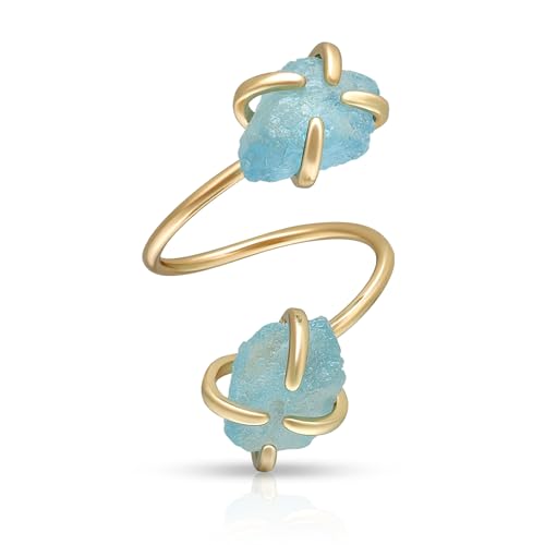 Joacii 14K vergoldete verstellbare offene Midi-Ringe Aquamarin Statement Stacking Ringe Unregelmäßige Lorbeer-grüne Kristall-Eheringe für Frauen von Joacii