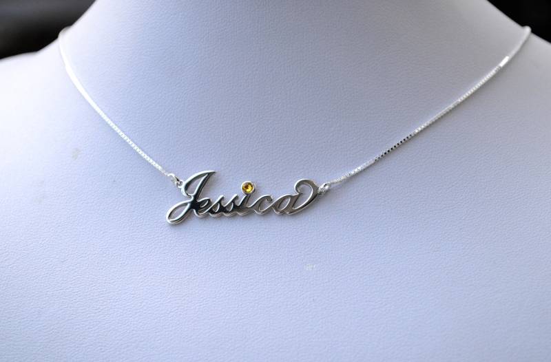 sterling Silber 925 Personalisierte Carrie Schriftart Jeder Name Birthstone Halskette Multi Länge Box Kette - Geburtstag, Brautjungfern sterling Silber 925 Personalisierte Carrie Schriftart Jeder Name Birthstone Halskette Multi Länge Box Kette - Geburtstag, Brautjungfern von JoanJewelleryGifts