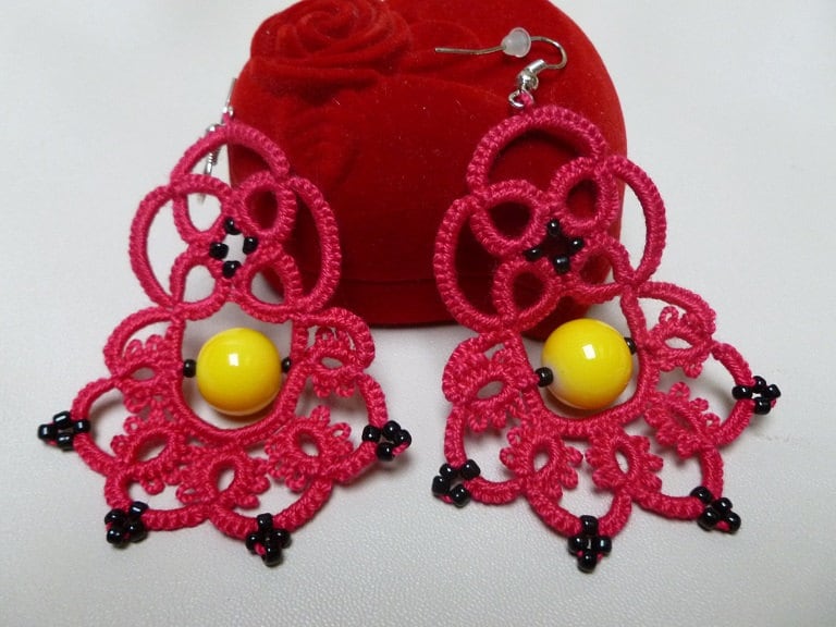 Gelb, Schwarz, Rot - Frivolité Ohrringe Geschenk Für Sie Gelb, Schwarz, Rot - Frivolité Ohrringe Geschenk Für Sie von JoannaArt77