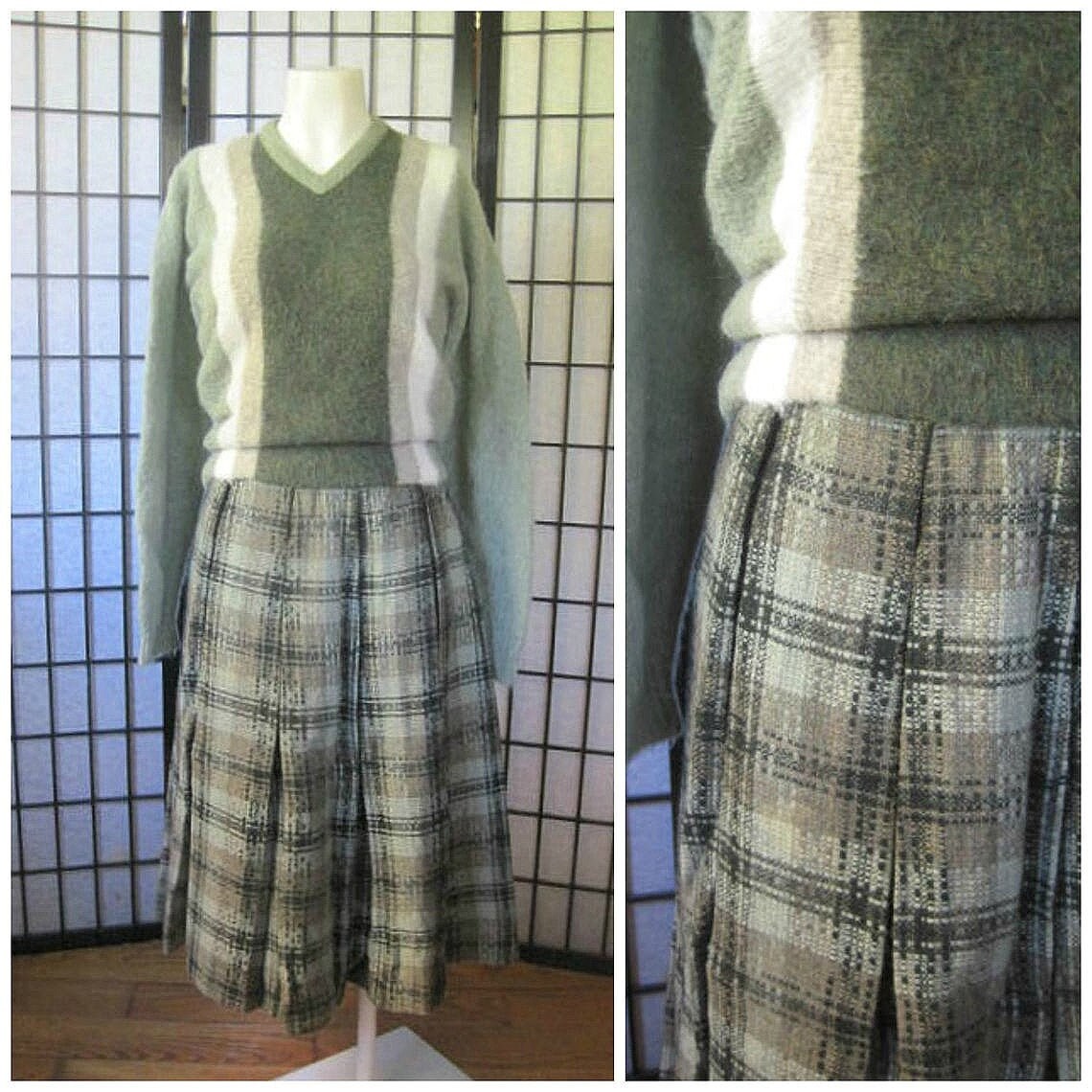 Vintage 1950Er 1960Er Jahre Rock Karo Wolle Tweed Olivgrün Salbei Evergreen 26-Zoll-Taille Vintage 1950Er 1960Er Jahre Rock Karo Wolle Tweed Olivgrün Salbei Evergreen 26-Zoll-Taille von JoanneKleinVintage