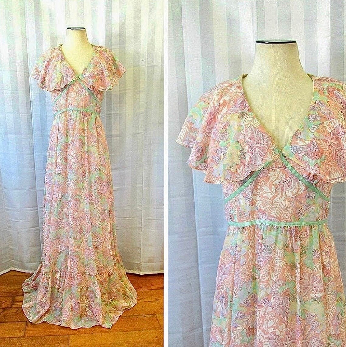 Vintage 1970Er Jahre Maxi Kleid Von Camela Cape 36 37M Floral Flattern Flügel Grecian Pfirsich Koralle Mintgrün Bodenlang Vintage 1970Er Jahre Maxi Kleid Von Camela Cape 36 37M Floral Flattern Flügel Grecian Pfirsich Koralle Mintgrün Bodenlang von JoanneKleinVintage