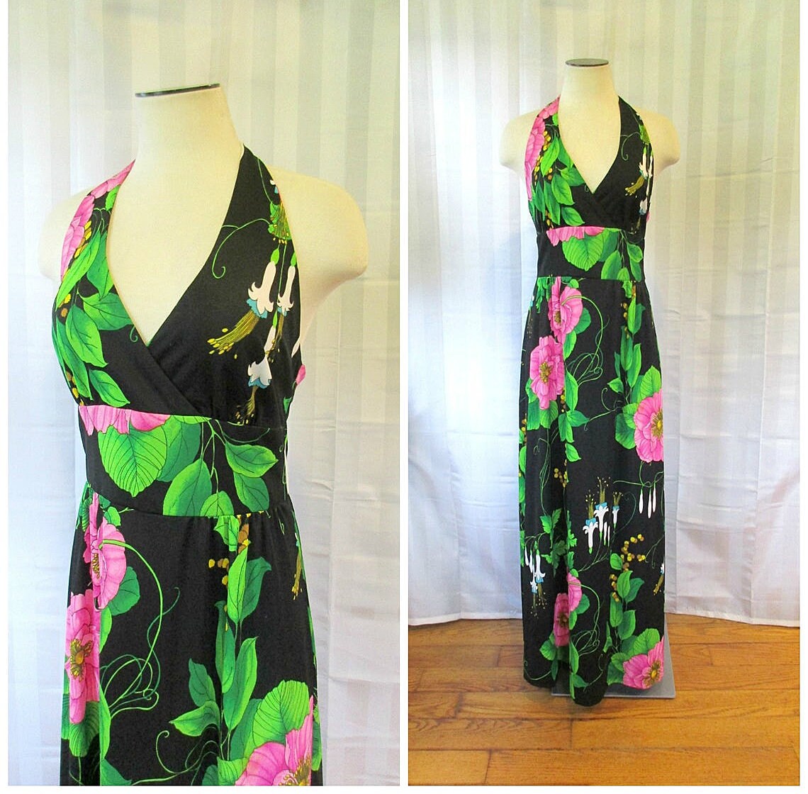 Vintage 1970Er Jahre Maxi Kleid Von Valley Set Mod Floral Long Etui Pink Grün Schwarz 34 36 Medium Neckholder Top Empire Taille Vintage 1970Er Jahre Maxi Kleid Von Valley Set Mod Floral Long Etui Pink Grün Schwarz 34 36 Medium Neckholder Top Empire Taille von JoanneKleinVintage