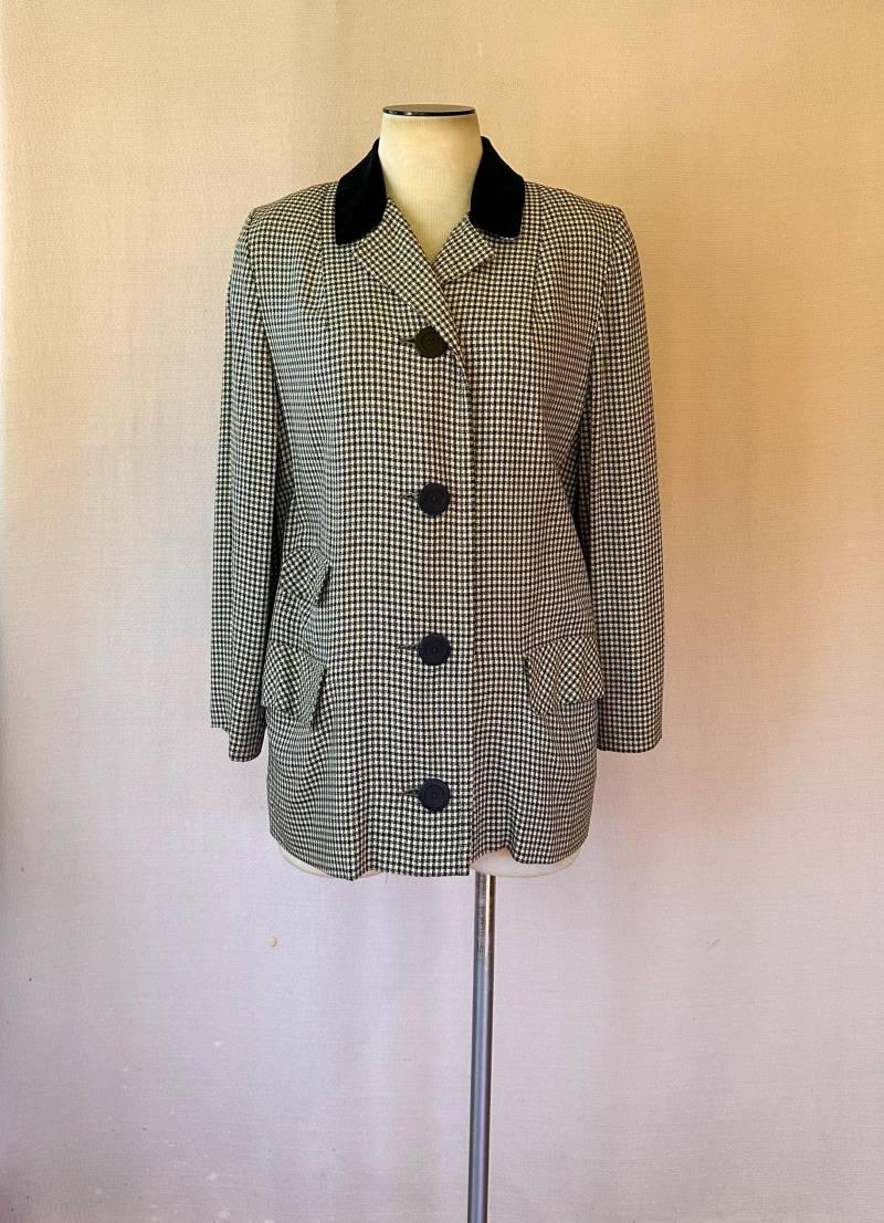 Vintage Jacke Samt Kragen Schwarz Grau Off White Hahnentritt Karo 1950Er 1960Er Frühling Herbst Blazer 39 Büste Extra Groß L Xl von JoanneKleinVintage