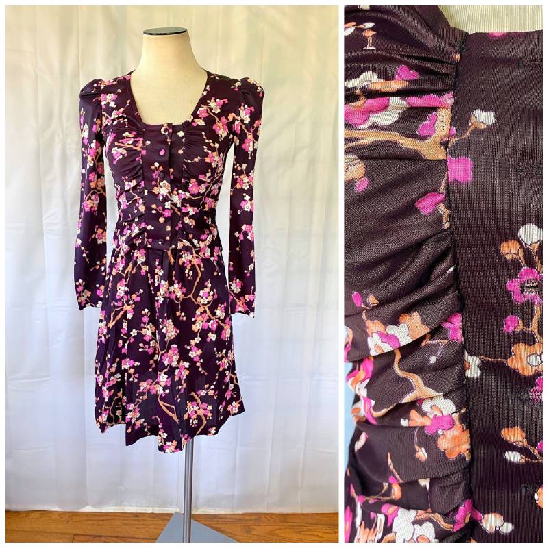 Vintage Mod Blusenrock 2 Teiler Crop Top Outfit 1960Er 1970Er S Xs 30 32 Büste Floral Dunkel Pflaume Kastanienbraun Pink Koralle Orange Kirschblüte von JoanneKleinVintage