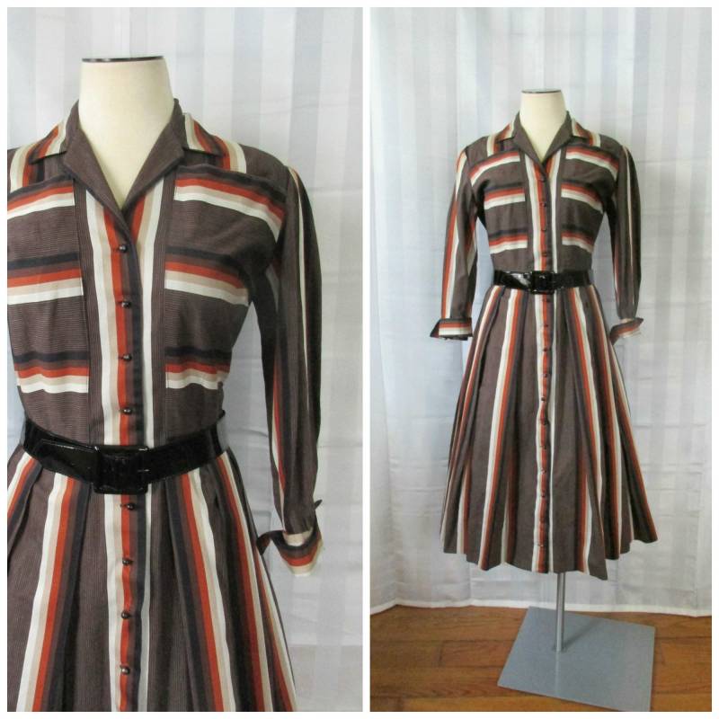 Vintage Shirtwaist Kleid 1950Er 1960Er Jahre Von Mcarthur Ltd Braun Elfenbein Orange Schwarz Beige Horizontale Vertikale Streifen 38 Büste M L Vintage Shirtwaist Kleid 1950Er 1960Er Jahre Von Mcarthur Ltd Braun Elfenbein Orange Schwarz Beige Horizontale Vertikale Streifen 38 Büste M L von JoanneKleinVintage