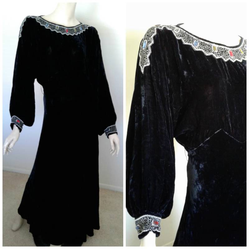 Atemberaubendes Vintage 1930 Schwarzes Seidensamtkleid Perlen Abendkleid Art Deco/Old Hollywood Abendkleid/steampunk/Boho 30Er Jahre Braut Hochzeit von Joannesvintagecloset