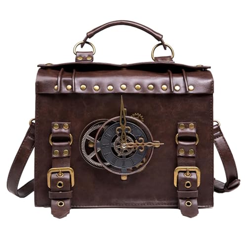 Vintage Steampunk Rucksack – Retro Steampunk Uhr Messenger Bag | Gothic handgefertigte Leder Umhängetasche | Damen Leder Messenger Bag | Crossbodyy Handtasche für Kostüm, Modenschau, Rolle von Joberio