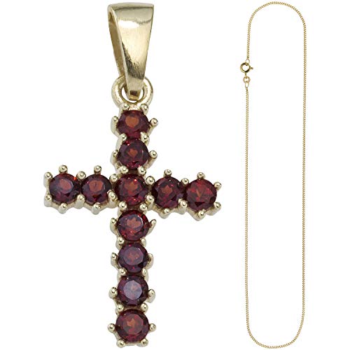 Jobo Damen Anhänger Kreuz 333 Gold Gelbgold 11 Granate rot mit Kette 45 cm von Jobo