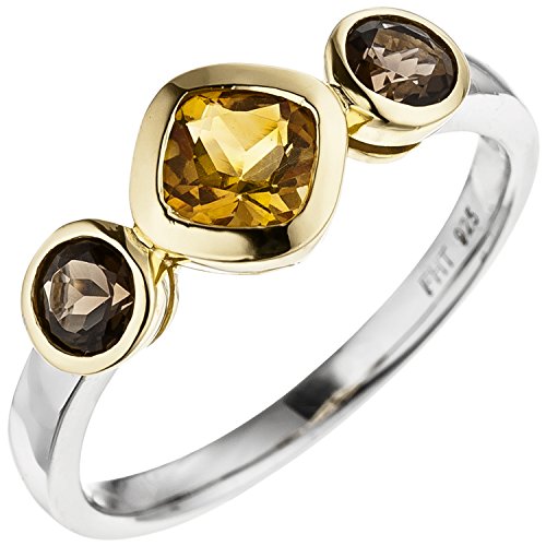 JOBO Damen Ring 925 Silber bicolor vergoldet 1 Citrin 2 Rauchquarze Silberring Größe 58 von Jobo