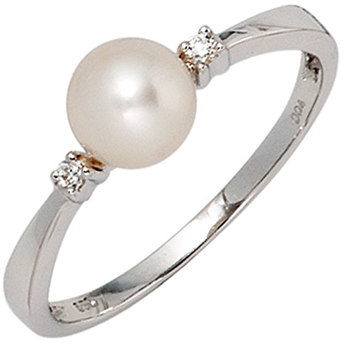 Jobo Damen-Ring aus 585 Weißgold mit Perle und 2 Diamanten Größe 56 von Jobo