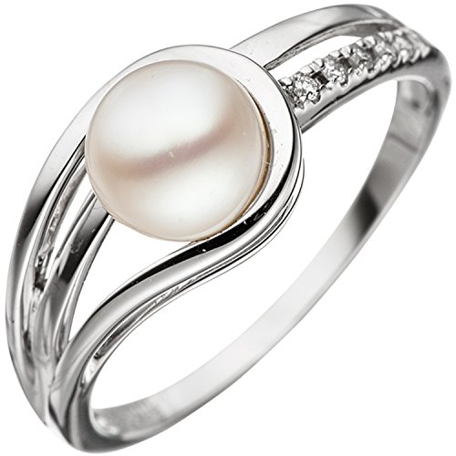 Jobo Damen-Ring aus 585 Weißgold mit Perle und 5 Diamanten Größe 58 von Jobo