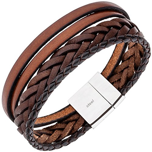 Jobo Herren Armband 4-reihig Leder braun geflochten mit Edelstahl 21 cm Herrenarmband von Jobo