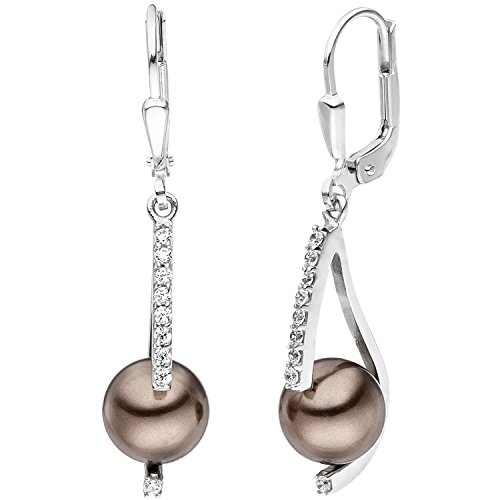 Jobo Damen Ohrhänger 925 Sterling Silber 2 Perlen braun 18 Zirkonia Ohrringe Perlenohrringe von Jobo