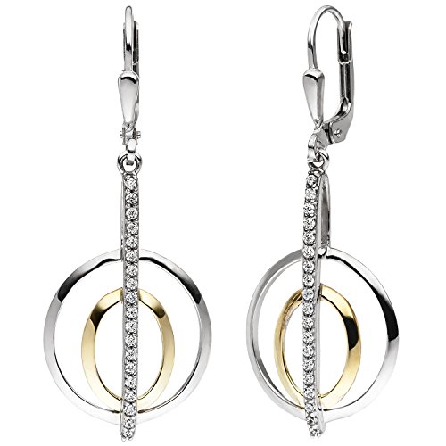 Jobo Damen Ohrhänger 925 Sterling Silber bicolor vergoldet 38 Zirkonia Ohrringe Boutons von Jobo