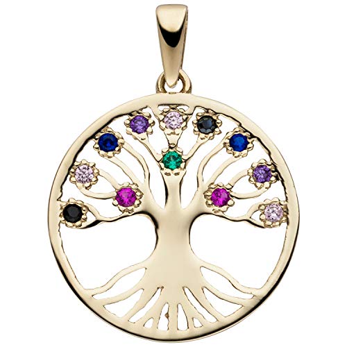 Jobo Damen-Anhänger Lebensbaum aus 8 Karat 333 Gold mit 12 bunten Zirkonia von Jobo