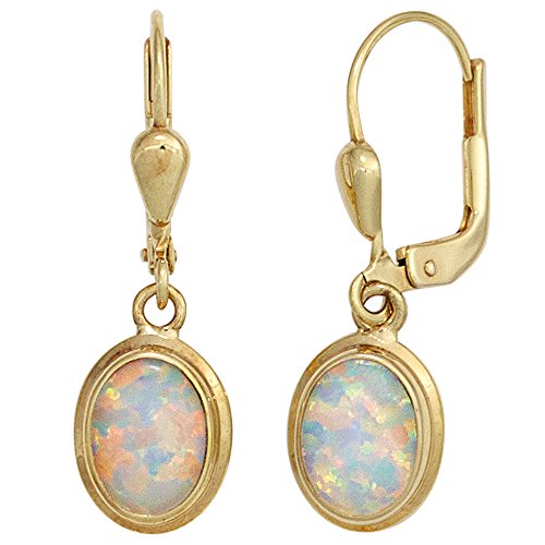 Jobo Damen Boutons oval 333 Gold Gelbgold 2 Opale Ohrringe Ohrhänger Goldohrringe von Jobo