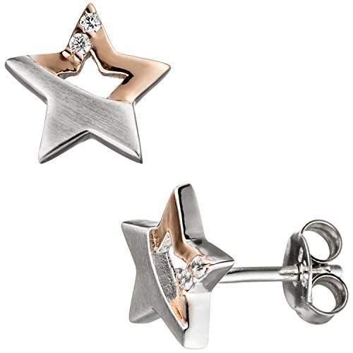 Jobo Damen-Ohrstecker Stern aus 925 Sterling Silber Bicolor vergoldet mit 4 Zirkonia von Jobo