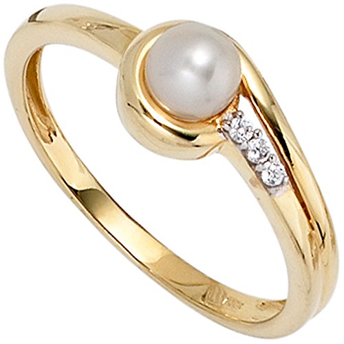 Jobo Damen Ring 333 Gold Gelbgold 1 Süßwasser Perle 3 Zirkonia Goldring Perlenring Größe 54 von Jobo