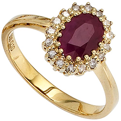 Jobo Damen Ring 585 Gold Gelbgold 1 Rubin rot 16 Diamanten 0,16ct. Goldring Größe 58 von Jobo