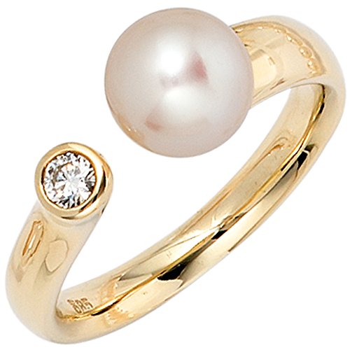 Jobo Damen Ring 585 Gold Gelbgold 1 Süßwasser Perle 1 Diamant Brillant Perlenring Größe 54 von Jobo