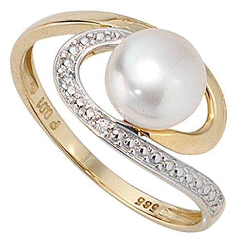 Jobo Damen Ring 585 Gold Gelbgold 1 Süßwasser Perle 2 Diamanten Brillanten Perlenring Größe 54 von Jobo