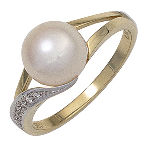 Jobo Damen Ring 585 Gold Gelbgold 1 Süßwasser Perle 6 Diamanten Brillanten Perlenring Größe 56 von Jobo