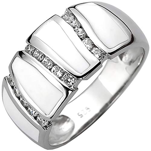 Jobo Damen Ring 925 Sterling Silber 15 Zirkonia und weiße Emaille-Einlage Größe 58 von Jobo