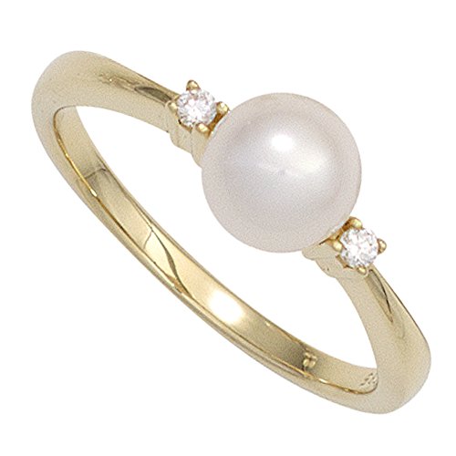 Jobo Damen-Ring aus 14 Karat 585 Gold mit Perle und 2 Diamanten Größe 56 von Jobo
