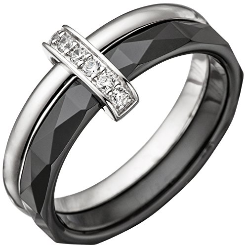 Jobo Damen-Ring aus 925 Sterling Silber und schwarzer Keramik mit 6 Zirkonia Größe 50 von Jobo