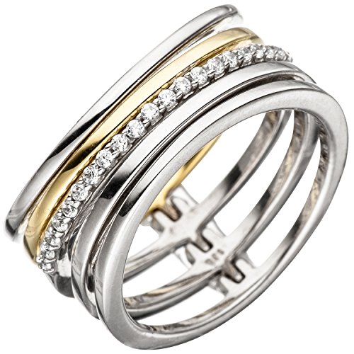 Jobo Damen Ring mehrreihig breit 925 Silber bicolor vergoldet mit Zirkonia Silberring Größe 56 von Jobo