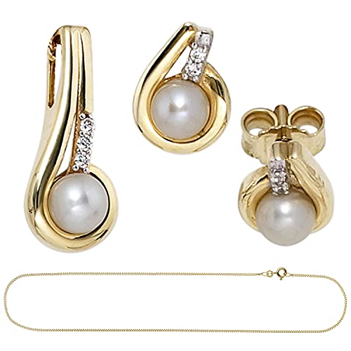 Jobo Damen Schmuck-Set 333 Gold Gelbgold Perlen Zirkonia Ohrringe und Kette 45 cm von Jobo