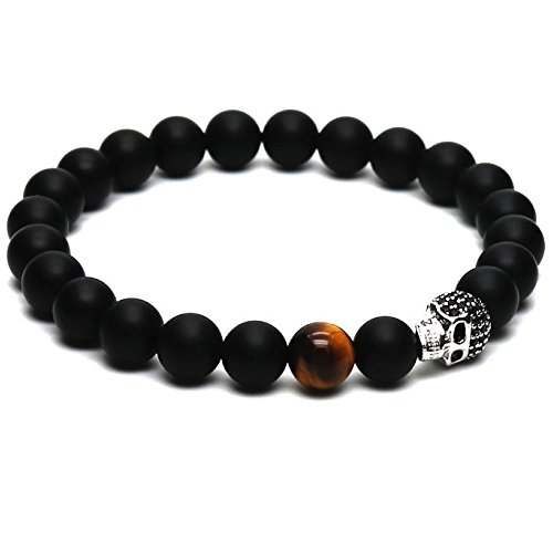 Lion & Son Totenkopf-Armband - Skull Schädel Herren-Perlenband Schwarz Biker Rocker Tigerauge Perlen, Länge:18 cm von Lion & Son