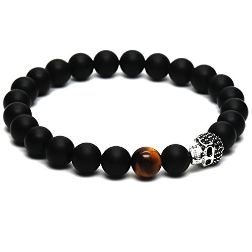 Lion & Son Totenkopf-Armband - Skull Schädel Herren-Perlenband Schwarz Biker Rocker Tigerauge Perlen, Länge:22 cm von Lion & Son