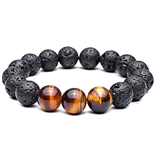 Lion & Son Lava-Armband Tigeraugen-Perlen Buddha-Armband Herren-Schmuck Braun Schwarz Handmade Naturstein Perlenarmband Handgemachtes Damen Wasserfestes Surferarmband von Lion & Son