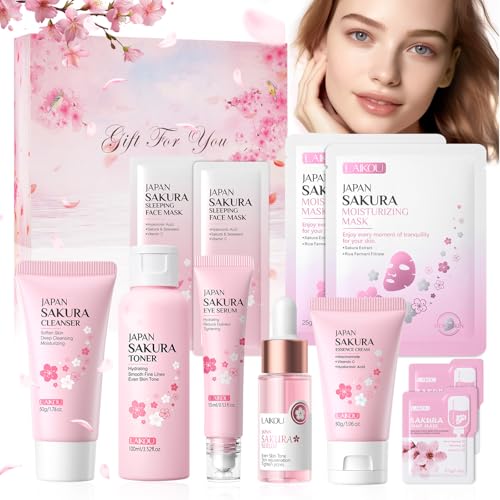 Sakura Skincare Set, Sakura Gesichtspflege Set 11 Stück, Anti-aging Gesichtspflege Set mit Gesichtscreme, Reiniger, Toner, Augenserum, Serum, Feuchtigkeitsmaske, Gesichtspflege Set Damen von Jocanova