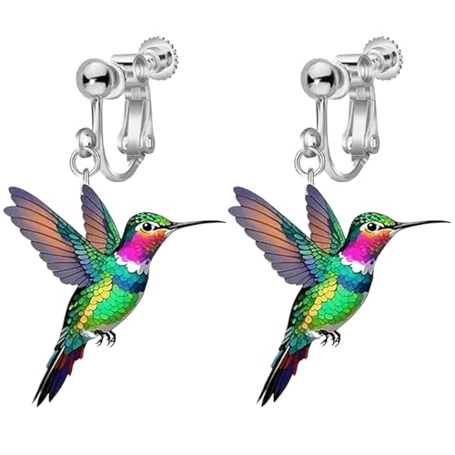 Bunte Kolibri-Clip-On-Ohrringe für Frauen, nicht durchbohrt, 2D-Vogelschmuck, Kolibri-Tier-Tropfen Bunte Kolibri-Clip-On-Ohrringe für Frauen, nicht durchbohrt, 2D-Vogelschmuck, Kolibri-Tier-Tropfen von Jocao