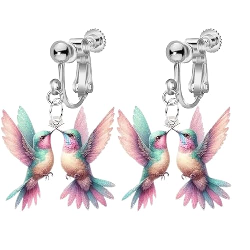 Bunte Kolibri-Clip-On-Ohrringe für Frauen, nicht durchbohrt, 2D-Vogelschmuck, Kolibri-Tier-Tropfen Bunte Kolibri-Clip-On-Ohrringe für Frauen, nicht durchbohrt, 2D-Vogelschmuck, Kolibri-Tier-Tropfen von Jocao