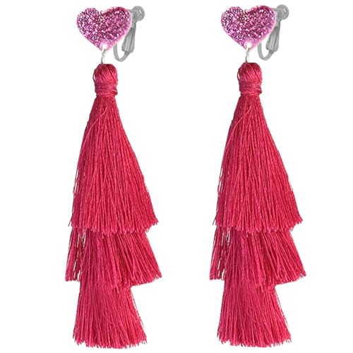 Bunte Ohrclips mit Quaste in Herzform, für Frauen, nicht durchbohrt, Boho, rosa-rot, groß, baumelnd, leicht, böhmisches Statement Bunte Ohrclips mit Quaste in Herzform, für Frauen, nicht durchbohrt, Boho, rosa-rot, groß, baumelnd, leicht, böhmisches Statement von Jocao