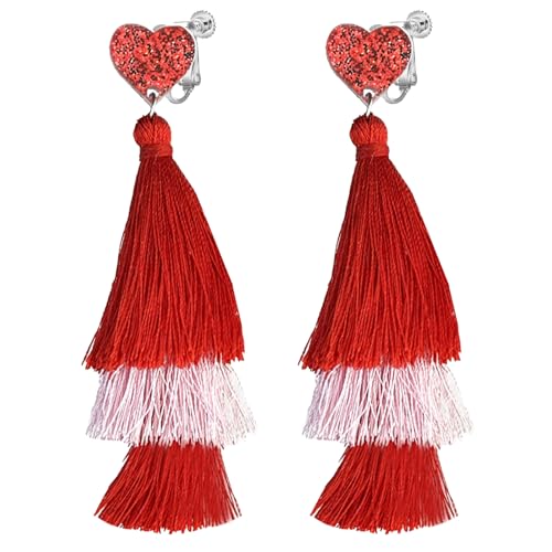 Bunte Ohrclips mit Quaste in Herzform, für Frauen, nicht durchbohrt, Boho, rosa-rot, groß, baumelnd, leicht, böhmisches Statement Bunte Ohrclips mit Quaste in Herzform, für Frauen, nicht durchbohrt, Boho, rosa-rot, groß, baumelnd, leicht, böhmisches Statement von Jocao
