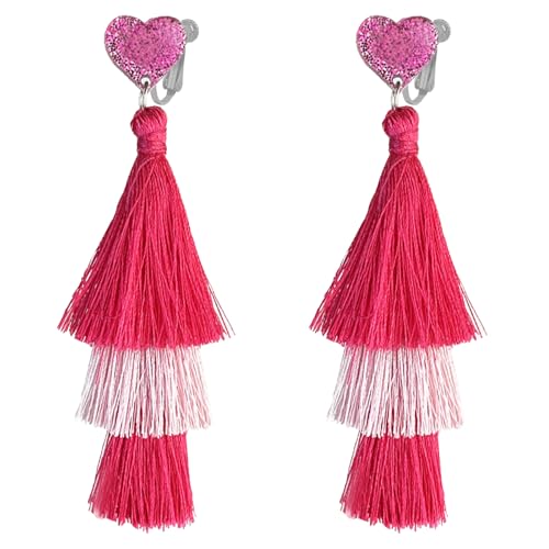 Bunte Ohrclips mit Quaste in Herzform, für Frauen, nicht durchbohrt, Boho, rosa-rot, groß, baumelnd, leicht, böhmisches Statement Bunte Ohrclips mit Quaste in Herzform, für Frauen, nicht durchbohrt, Boho, rosa-rot, groß, baumelnd, leicht, böhmisches Statement von Jocao