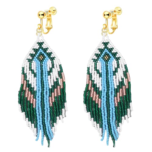 Clip-On-Ohrringe, böhmische große lange Quaste, Perlen, baumelnde Ohrringe, kein Piercing, native handgefertigte Boho-Statement, große Fransen für Frauen, Zink, Kein Edelstein von Jocao