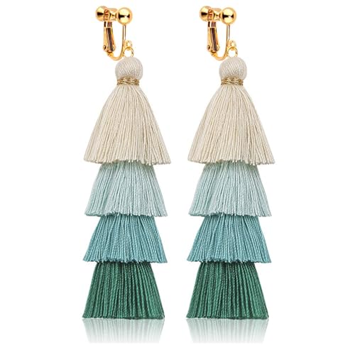 Clip-On-Ohrringe, leicht, bunt, geschichtete Quaste, Bohemian-Statement, große baumelnde Ohrringe für Frauen, nicht durchbohrt, Boho-Schmuck, Zink, Kein Edelstein Clip-On-Ohrringe, leicht, bunt, geschichtete Quaste, Bohemian-Statement, große baumelnde Ohrringe für Frauen, nicht durchbohrt, Boho-Schmuck, Zink, Kein Edelstein von Jocao