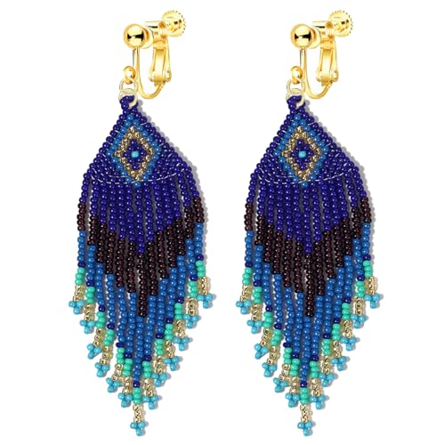 Clip-On-Ohrringe mit langen Quasten, baumelnde Ohrringe für Frauen, kein Piercing, Boho-festliches Schmuck-Design, Sommerschmuck, Zink, Kein Edelstein von Jocao