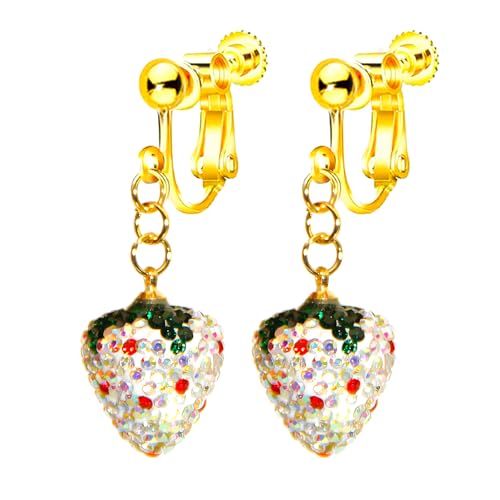 Kristall-Herz-Ohrringe, zum Anklippen, glitzernd, niedlich, großes rotes Herz, Strass, Statement-Schmuck für Frauen, nicht durchbohrt, Erdbeer-Ohrringe, Zink, Kein Edelstein Kristall-Herz-Ohrringe, zum Anklippen, glitzernd, niedlich, großes rotes Herz, Strass, Statement-Schmuck für Frauen, nicht durchbohrt, Erdbeer-Ohrringe, Zink, Kein Edelstein von Jocao