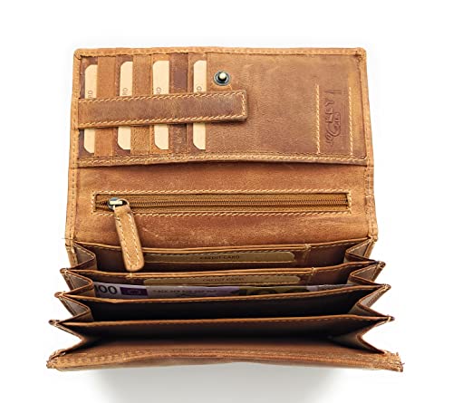 Jockey Club Echt Leder Damen Geldbörse mit RFID Schutz lang naturbelassenes Hunterleder Toro Rustique Cognac von Jockey Club