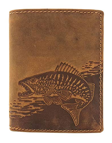 Jockey Club echt Büffel Voll-Leder Geldbörse Anglerbörse, naturbelassenes Hunterleder Portemonnaie mit RFID NFC Schutz Fisch Zander von Jockey Club