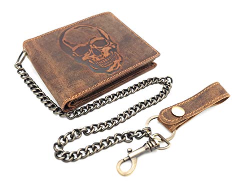 Jockey Club echt Leder Biker Geldbörse quer Hunterleder Portemonnaie Totenkopf Schädel Skull mit 50cm Kette & RFID Schutz von Jockey Club