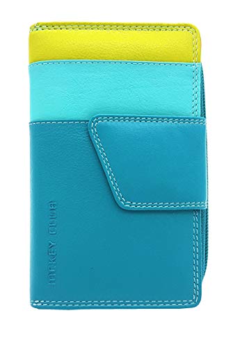 Jockey Club echt Leder Damen Geldbörse mit verstellbarem Außenriegel Portemonnaie feines Kalbsnappaleder Rio Tropic Multicolor mit farbenfrohen Innenleben Petrol mit RFID Schutz von Jockey Club