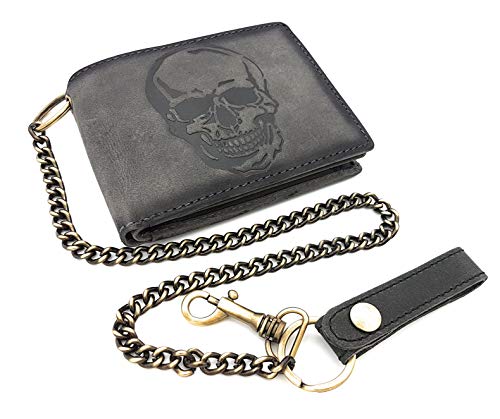 Jockey Club echt Leder Biker Geldbörse quer Hunterleder Portemonnaie Totenkopf Schädel Skull mit 50cm Kette & RFID Schutz von Jockey Club